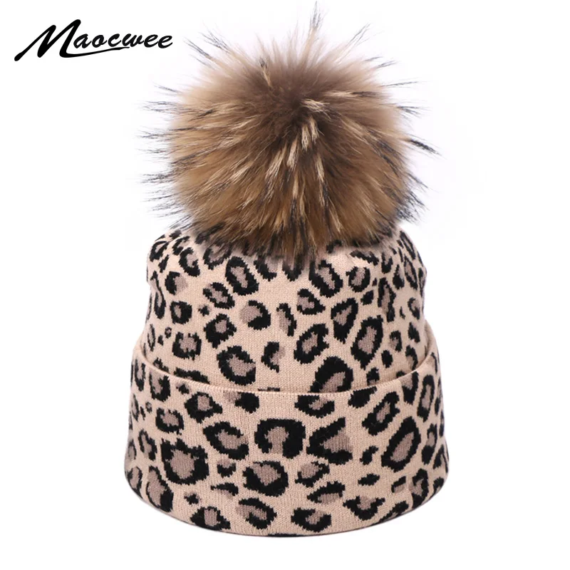 Модная женская леопардовая шапочка, шапка с меховым помпоном, зимний теплый вязанный, вязаная шапка защита, шапка бини для женщин, шапка gorras