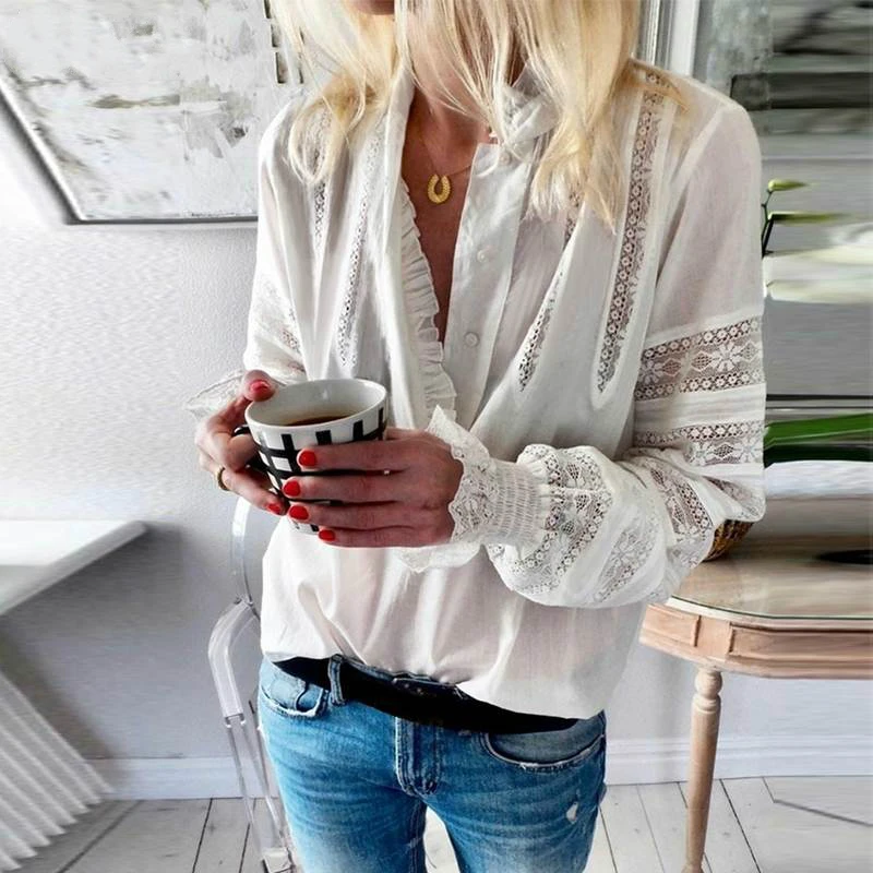 

Fashion Women Ruffles Blouse Autumn V neck Long Sleeve Buttons Down Shirt Femme Lace Crochet Blusas Hollow Out Solid Tops