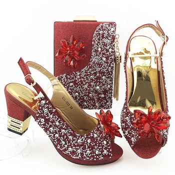

Italian Shoes and Bags To Match Red Color Decorated with Rhinestone Nigerian Women Party Shoes Set D200505-7