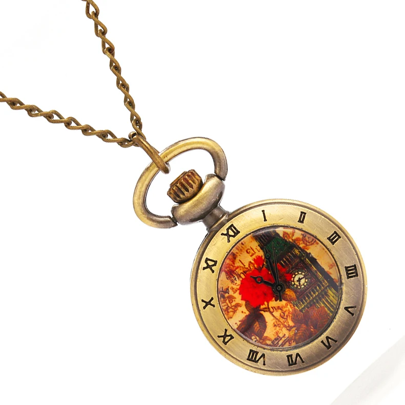 

Quartz pocket watch bronze red bell tower Roman scale pocket watch personality creative retro gift quartz pocket watch