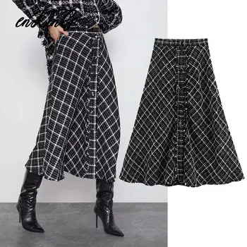 

2020 spring england vintage office lady simple high waist plaid midi za skirt women faldas mujer moda long skirts womens