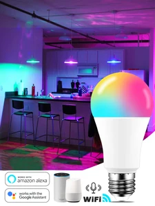 Умная лампа WiFi 15 Вт B22 E27 RGB Светодиодная лампа работает с Alexa / Alice / Google Home 85-265 В RGB + белая функция таймера с регулируемой яркостью цветная ламп...