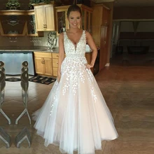Длинные Кружевные аппликационные Свадебные платья с v-образным вырезом с тюлевым шлейфом для невесты vestido de noiva A Line на заказ