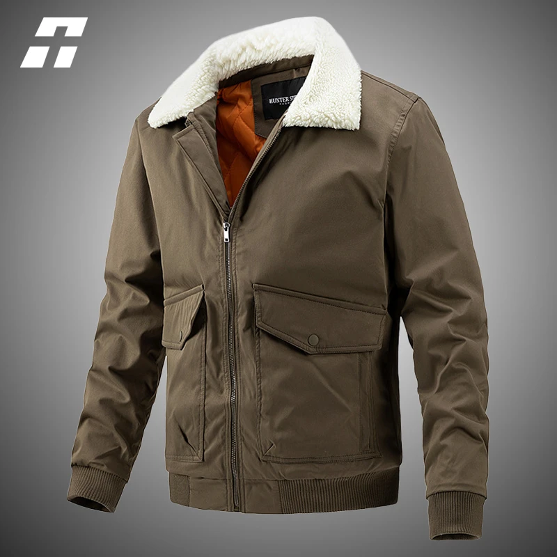 Men's Winter Fleece Jackets Fur collar Casual Zipper Thicken Warm Bomber Jackets Men Tactical Cargo Work Outwear Lapels Coats hooded flannel jacket