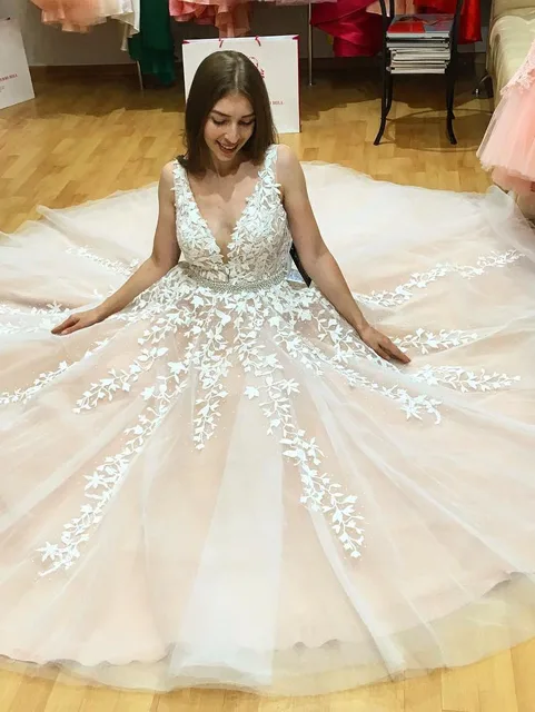 V Neck Wedding Dresses 2022 Light Champagne Floor Length Applique Open Back Tulle A Line Backless Bridal Gowns Vestido De Noiva 4