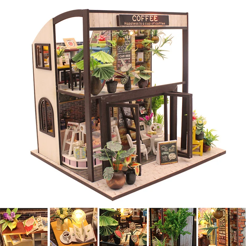 DIY Dollhouse Wooden Coffee Shop & Haus mit Möbel Kits für Weihnachten, 