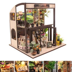 Kit de construction de maison de poupée en bois, café de construction Miniature avec boîte de chambre modèle 3D légère, cadeau d'anniversaire, jouets pour enfants, meubles de maison de poupée 