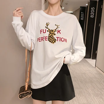 

2020 Autumn Clothing New Style Leopord Pattern Deer Crew Neck Long-sleeved T-shirt Women's Loose-Fit Mid-length 100% Cotton Coat