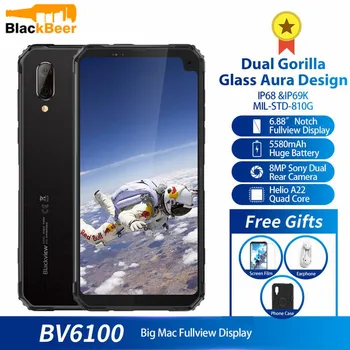 Перейти на Алиэкспресс и купить Смартфон Blackview BV6100, двойной экран Gorilla 6,88 дюйма, 3 Гб + 16 ГБ, Android 9,0, IP68 водонепроницаемый сотовый телефон, 5580 мАч, nfc мобильный телефон