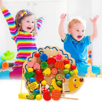 

Wooden Cartoon Hedgehog Fruit Beads Hand-eye Coordination Hand Flexibility Stringing Balls Toys Kids Educational Toys