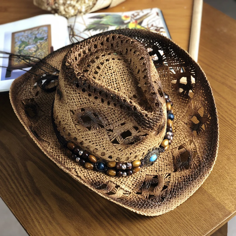 Natural Straw Cowboy Hat Women Men Handmade Weave Cowboy Hats Beach Hat Women Sun Hat for Lady Tassel Summer Western Sombrero Hombre Lifeguard Hats