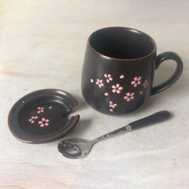 PHFU-1Set керамическая кружка(кружка+ крышка+ ложка) изысканные кружки Сакура 380 мл кружка для кофе и молока большая емкость