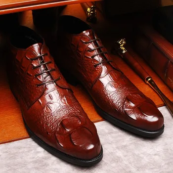 

Mens Ankle Boot High Top Crocodile Fashion Business Dress Shoe Lace Up Pointed Toe Low Heel Male Formal Footwear Loafers For Men