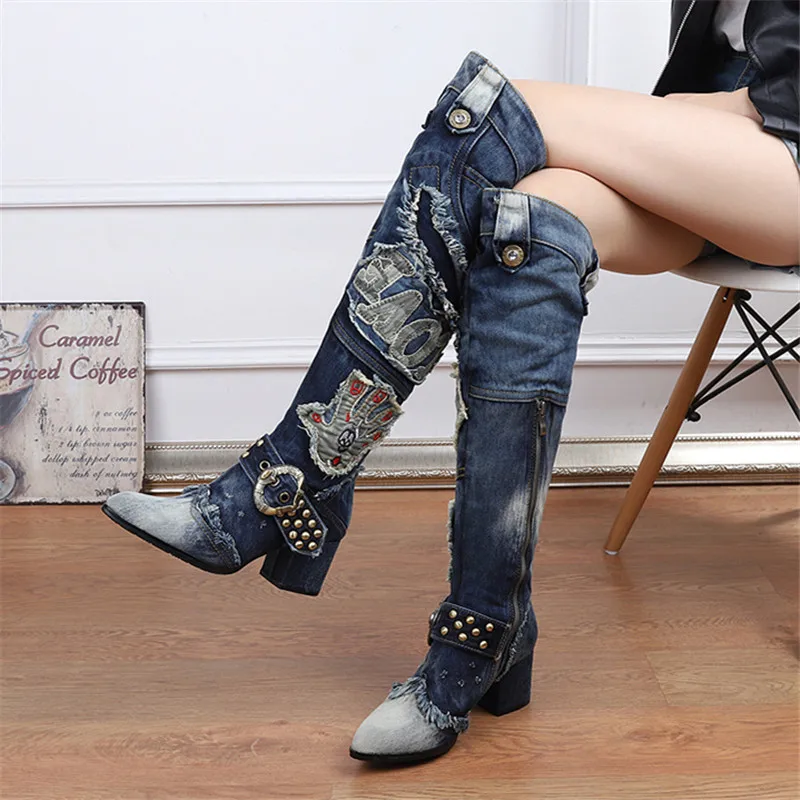 

Pointed Toe Women Thigh High Boots 6CM Chunky High Heel Over the Knee Boots Denim Shoes Ladies Winter Warm Jean Botas Mujer