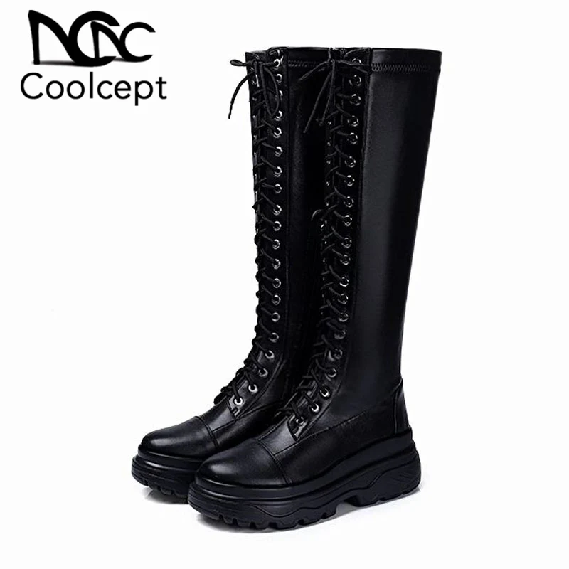 

Coolcept Women Knee High Boots Genuine Leather Cross Strap Thick Bottom Knight Shoes Women Casual Platform Boots Size 33-40