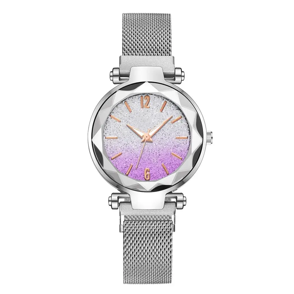 Лидер продаж, роскошные серебряные женские часы, кварцевые часы из нержавеющей стали, женские часы с магнитной пряжкой и градиентом, часы в римском стиле, bayan kol saati - Цвет: Purple