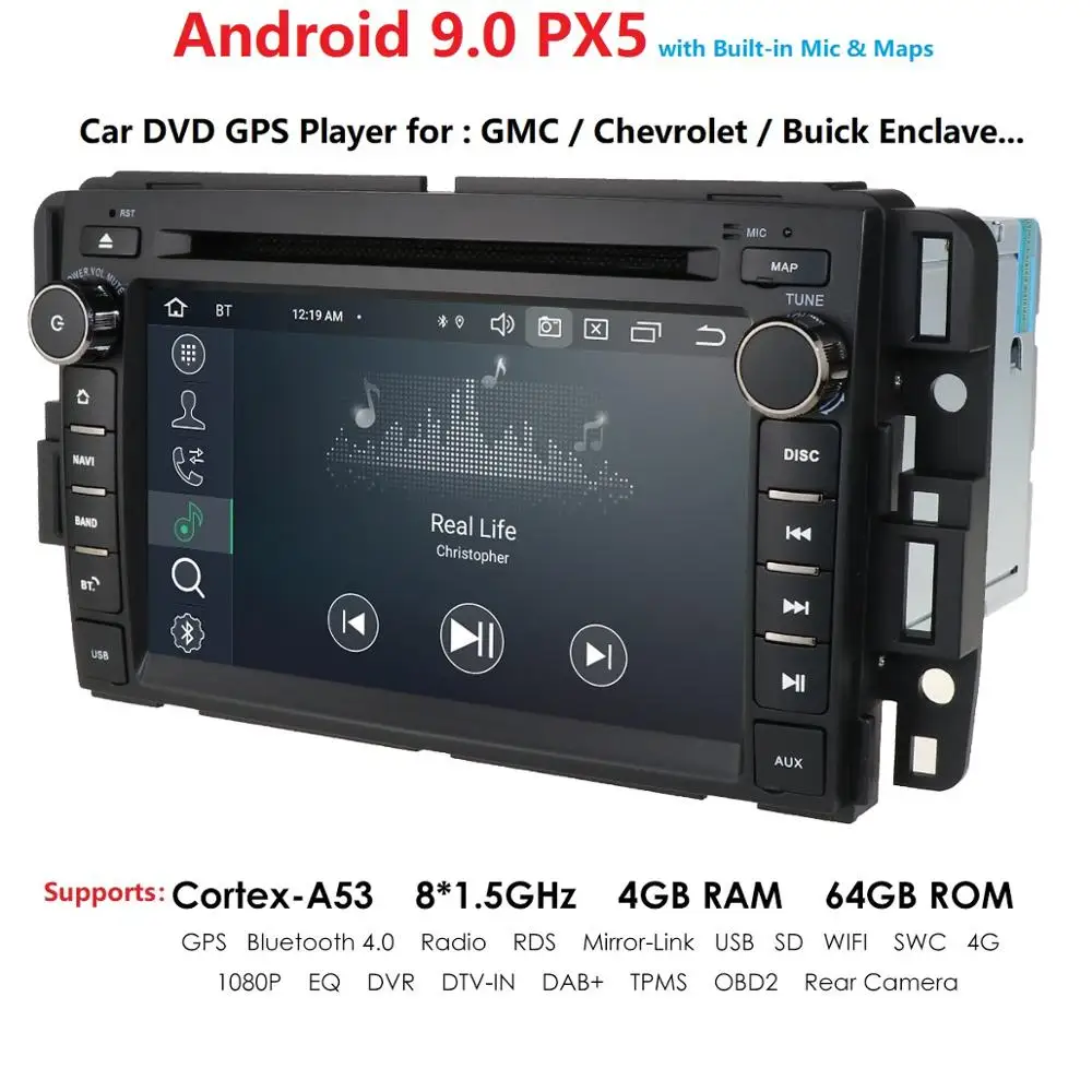 

DSP IPS PX5 4+64 Android 9.0 Car Navigation Stereo FM/AM Radio Receiver Bluetooth for GMC Chevrolet Buick Silverado Sierra Yukon
