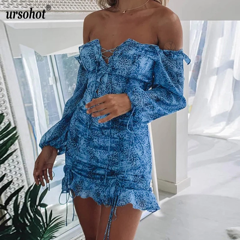 Uroshot Floral Print Ruffle Chiffon Dress Women Square Collar Long Sleeve Slim Beach Off Shoulder Sexy Party Dresses |