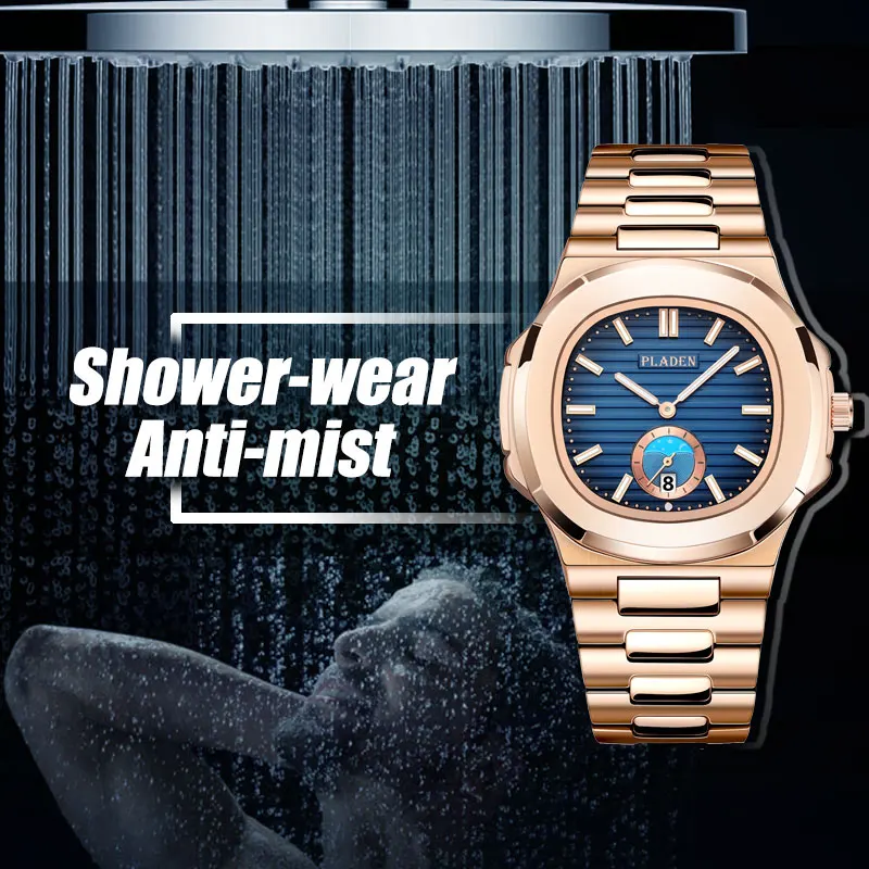 PLADEN Unique Watch Men Luxury Gold Mens Watches Top Brand Luxury Stainless Steel Mens Fashion Blue Quartz Watch Gifts For Men