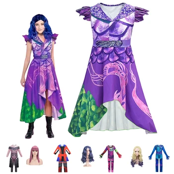 

Girls Descendants 3 Mal Dress Up Costume 3d Printed Cosplay Clothes Villain Evie Jumpsuit Kids Hallooween Disguise Dress And Wig