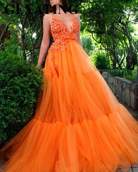 Сексуальные v-образным вырезом Холтер Оранжевый 3D Цветочные Выпускные платья длинные плиссированные тюлевые женские платья для особых случаев арабские вечерние платья