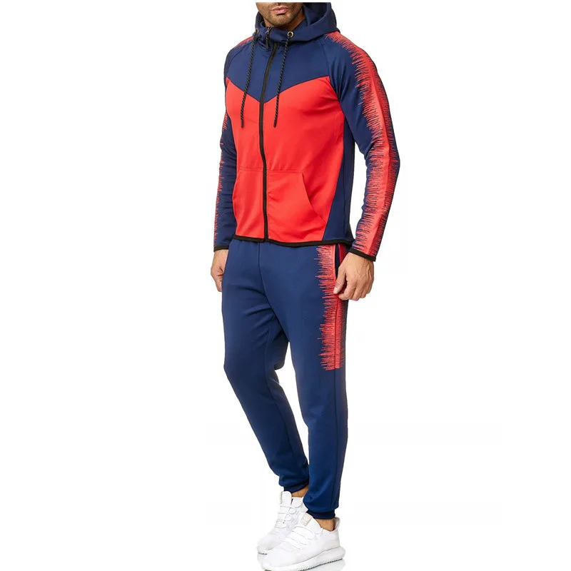 Мужской модный спортивный костюм в полоску с принтом в стиле хип-хоп, мужская толстовка с капюшоном в стиле пэчворк, Мужские штаны для бега, уличный Повседневный Спортивный костюм для мужчин - Цвет: red  1
