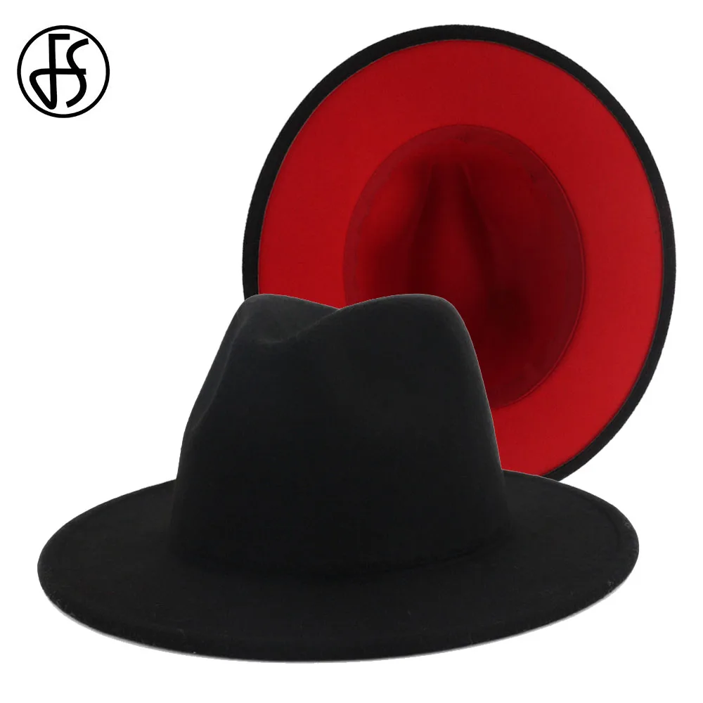 FS 60CM Hat Black Red Patchwork Wool Felt Women Fedora Jazz Hats Men