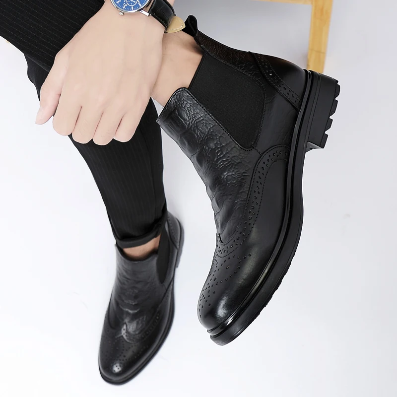 Классические мужские ботинки из воловьей кожи; зимняя модная Роскошная брендовая мужская обувь; ботинки «Челси» с текстурой крокодила; деловая обувь из натуральной кожи