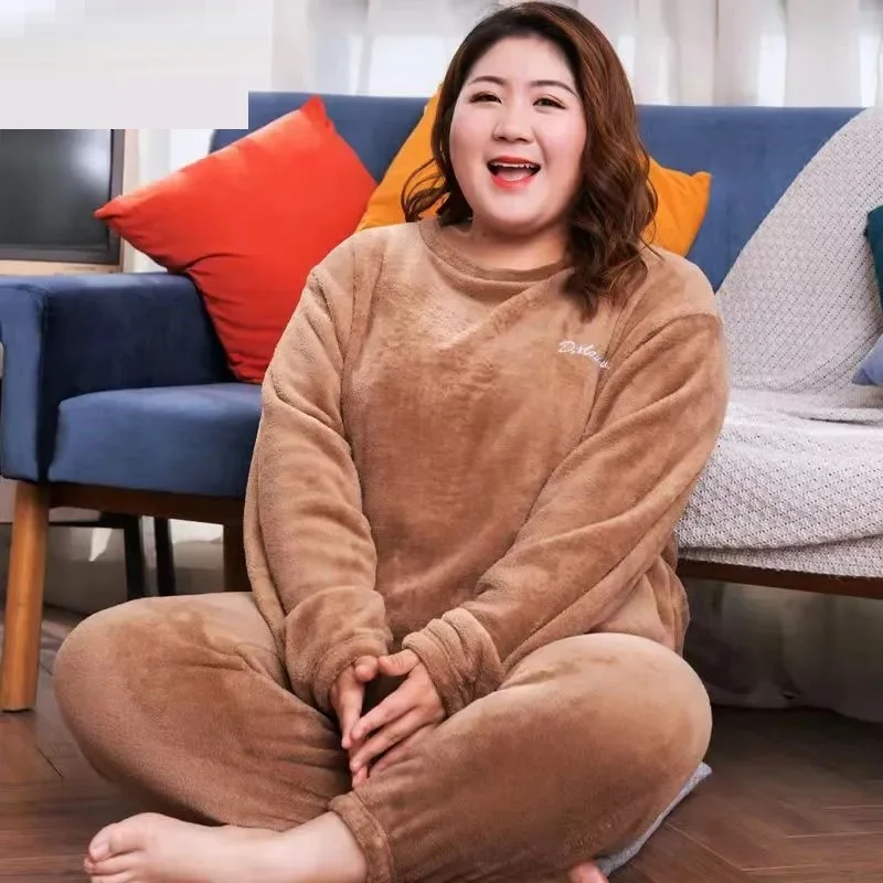 Size 10XL 140kg Winter Warm Coral Fleece Pajamas Sets Long Sleeve Top and Pants Sleepwear Suit Home Women Female Sleepwear pyjamas for women