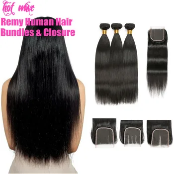 

Hot Wave Remy Brazilian Human Hair Weave Bundles With Frontal Lace Closure Extension for Women Black Straight 4X4 Weft Free Part
