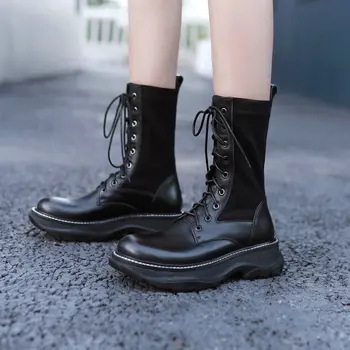 

Fashion Top Quality Genuine Leather Mid-calf Boots Sexy Platform Heels Pumps Classic Working Basic Shoes Woman