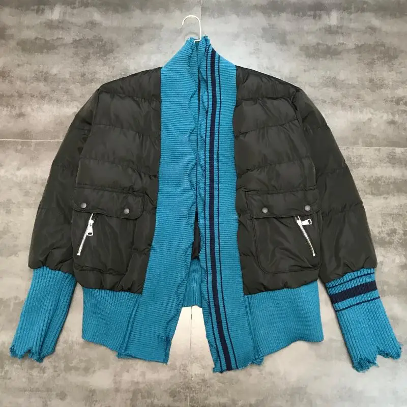 winter new knitted thread edge stitching double pocket hit color warm cotton clothing cotton coat female tide
