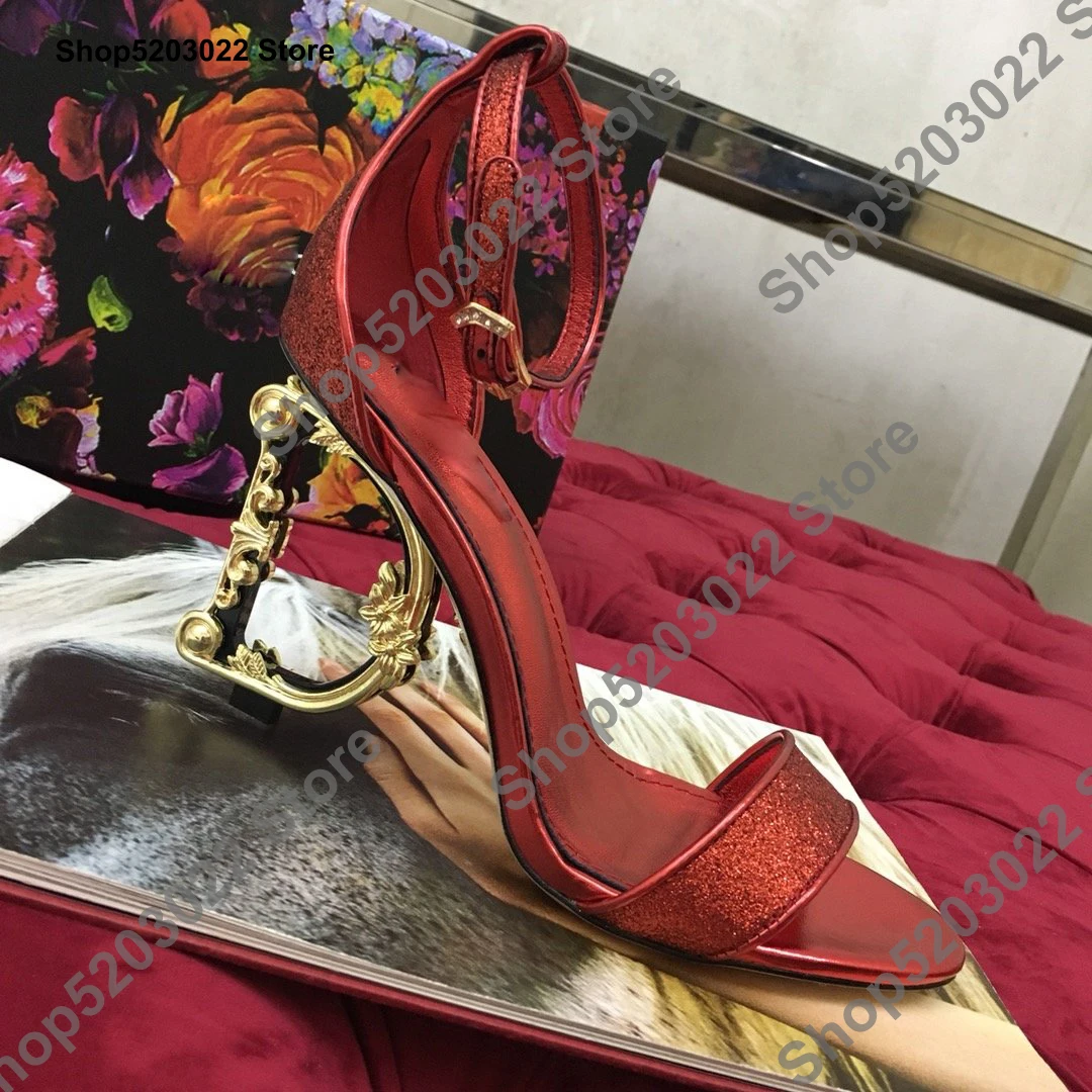 

Red Ankle Strap High Heel Shoes Women brand Chain Design Sexy Pointed Toe Sandals Woman letter Heel High Shoes Ladies Shoes
