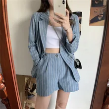 

Spring Summer Thin Striped Blazer Suit Women Loose Casual Two Piece Set Office Blazer with Shorts Cotton and Linen Shorts Set