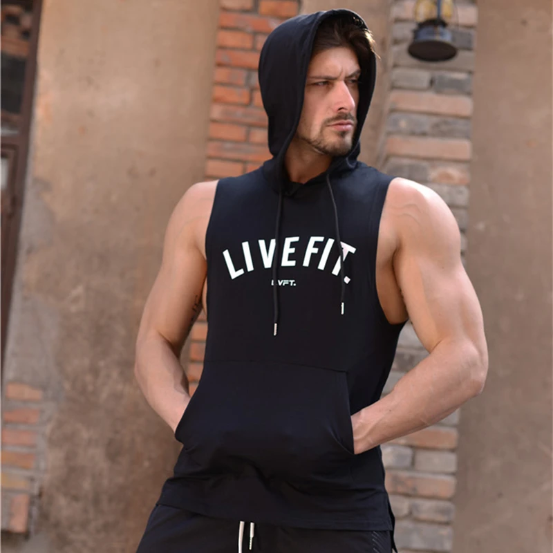 Canserin Mens Workout Tank Tops Hooded Bodybuilding Splicing Muscle Sleveless T Shirt