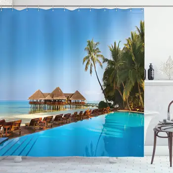

Seaside Shower Curtain, Pool on Tropical Maldives Island Bungalows Palm Trees Poolside Picture, Cloth Fabric Bathroom Decor Set