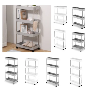 

2/3/4 Layer Gap Kitchen Storage Rack Slim Slide Tower Movable Assemble Plastic Bathroom Shelf Wheels Space Saving Organizer