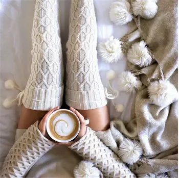 

Winter Hemp pattern weaving Stockings New Women Girls Cable Knit Long Boot Over Knee Thigh High Warm Stockings Fur ball