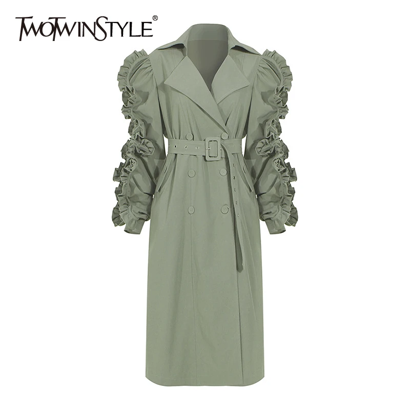 TWOTWINSTYLE-cortavientos informal fruncido para mujer, con volantes, solapa, manga larga, fajas de cintura alta, negro, 2020