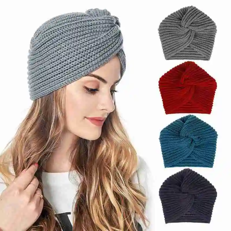 

Wool Indian Knitted Hat For Women Winter Keeping Warm Solid Color Muslim Cross Knitted Sleeve Cap Toque