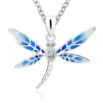 

XiaoJing blue enamel Dragonfly Necklace for Women Genuine 925 Sterling Silver Clear CZ Necklaces Fine Jewelry for Mother Gift