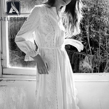 

AELESEEN Runway White Dress 2020 High Quality Ruffles V-Neck Flower Embroidery Hollow Out Elegant Party Holiday Dress Vestidos