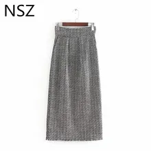 NSZ, Женская твидовая юбка, высокая талия, открытая спина, юбка миди, Осень-зима, шерстяная кисточка, юбки