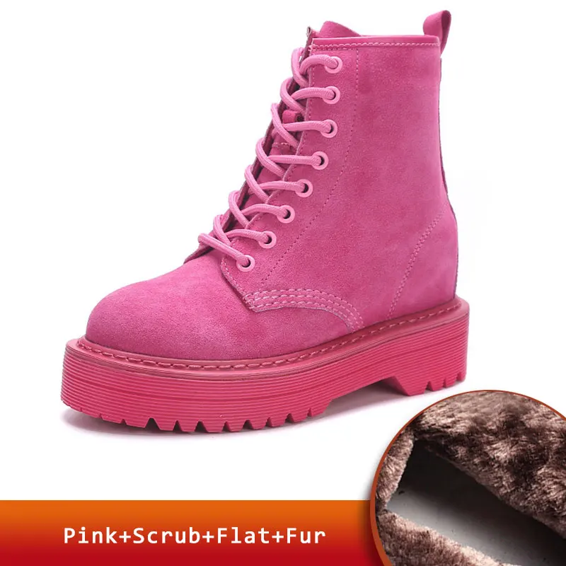 Pink Fur Ботинки из натуральной кожи; ботинки на плоской платформе; женская обувь; сезон осень-зима; модные кожаные ботинки на меху с круглым носком на шнуровке; женская обувь - Цвет: Pink Fur