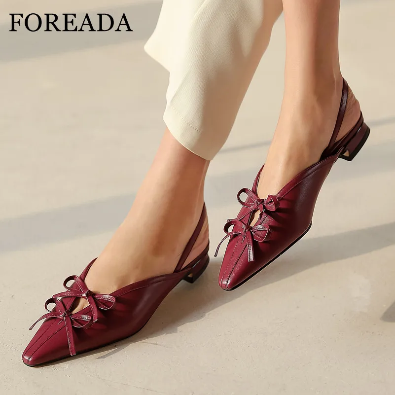 

FOREADA Natural Genuine Leather Low Heels Bow Woman Slingbacks Pumps Square Heel Shoes Pointed Toe Female Footwear Black Size 40