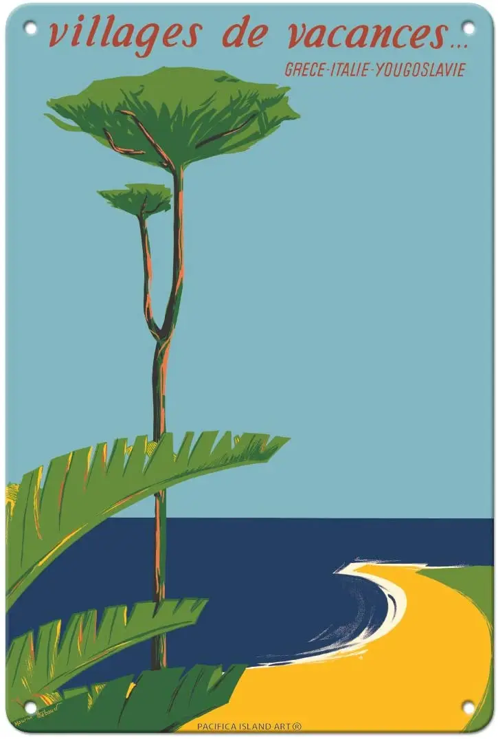 Island Art Villages De Vacances Poster Da Viaggio Di Pierre C.1950S - 8In X 12In Targa Vintage In Metallo