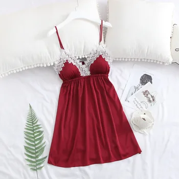 

Female Sexy Spaghetti Strap Nightdress With Bra Summer V-Neck Backless Nightgown Casual Sleepwear Sweet Lace Trim Home Dress
