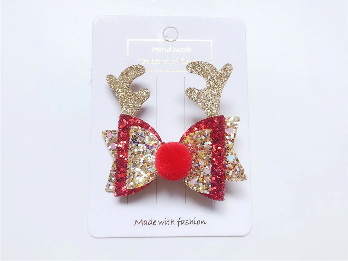 20pcs ins Fashion Glitter Reindeer Ears Bowknot Hair Clips Solid Pom Pom Bow Hairpins XMAS Headwear Boutique Hair Accessories