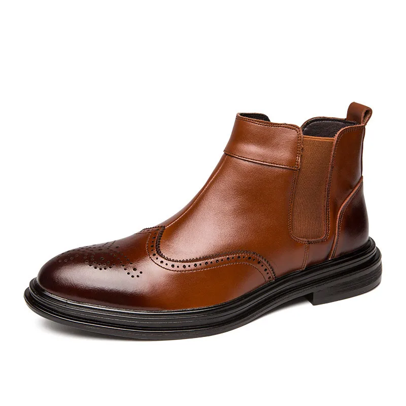 Misalwa/Классические мужские ботинки «Челси» с перфорацией типа «броги»; сезон осень-зима; кожаная обувь; botas bullock; обувь; стильные ботильоны для свадебной вечеринки - Цвет: Brown