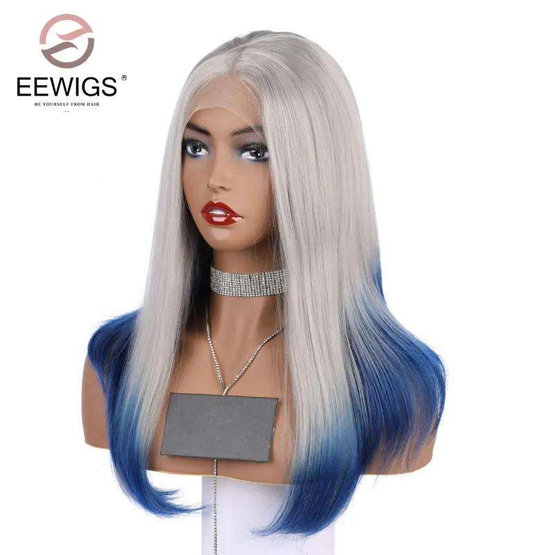 EEWIGS серый до синий парик фронта шнурка Омбре блонд до красный 2 тона жаропрочных боб парик короткие синтетические парики для черных женщин